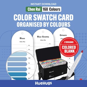May include: A digital color swatch card set featuring 168 colors organized by hue, including labels for Blues, Blue Greens, and Greens. The image displays white cards with numbered slots, a black carrying case filled with markers, and a single marker.