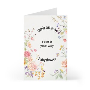 7 bloemen wenskaarten babyshower, 7 aanpasbare uitnodigingen, 7 bloemen kaarten voor feesten, DIY babyshower kit 7 kaarten
