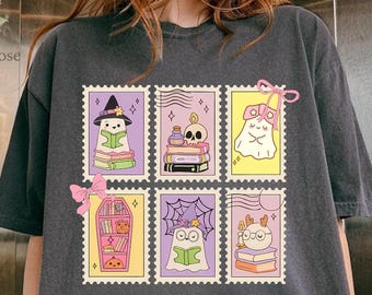 Leesgrage Halloween comfort kleuren shirt, Spooky Book Club T-shirt, schattig Ghost Reading T-shirt, herfstboek minnaar cadeau, gezellige herfst reader shirt