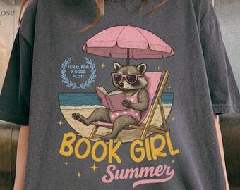 Book Girl Summer Comfort Colors Shirt, Feral Raccoon Reading Tee, Funny Bookish T-Shirt, Aesthetic Reader Gift, Introvert Book Lover Shirt