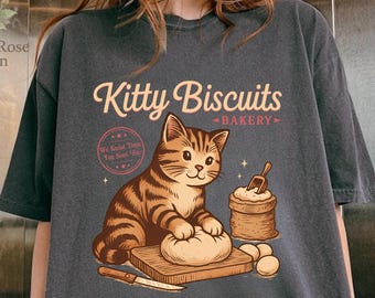 Camiseta de colores cómodos para hacer galletas con gatos, camiseta retro de gatito amasando, camiseta de gato horneando, regalo adorable para amantes de los gatos, camiseta de panadería de galletas con gatitos