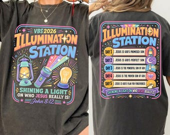 Christian VBS 2026 png, shirtontwerp verlichtingsstation, Shine Jesus Light png, digitale download vakantiebijbelschool