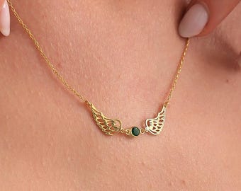 Colar personalizado com asas de anjo e pedra de nascimento em ouro, colar com asas de anjo e pedra de nascimento para mulheres, colar de anjo da guarda em prata de lei para mães.