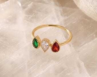 Personalized Multiple Birthstone Ring, Custom Family Birth Month Ring, 14K Gold Plated Teardrop Gemstone Ring, Dainty Birthday Gift for Mom
