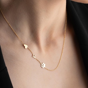 Sideways Charm Necklace, Personalised Letter Pendant, Custom Initial Jewellery, Minimalist Paw Heart Necklace, Dainty Christmas Gift