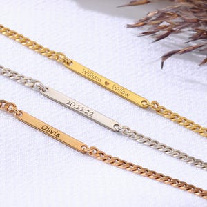 Curb Chain Bar Bracelet for Women Tiny Bar Bracelet Custom Bar Bracelet 14K Gold Name Bracelet for Her Dainty Mini Name Bar Bracelet for Mom