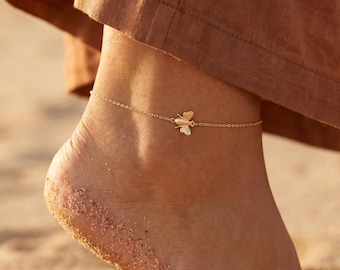 14K Gold 3D Biene Fußkettchen, Honig Biene Charm Fußkettchen, zierliche überzogene Minimalist Bumble Bee Fußkettchen, Biene Liebhaber Geschenk, Strand Schmuck, Sommer Schmuck