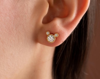 Tiny Mickey Mouse Pave Stud Earrings, 18K Gold Mickey Mouse Earrings, Dainty Simple Everyday Earrings, Gift for her, Women Earrings