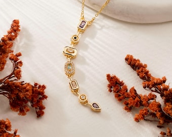 Chakra Stone Pendant Necklace, Seven Chakra Pave Necklace, Gold Plated Yoga Jewelry, Boho Rustic Necklace, Gift for her, Mothers Day Gift