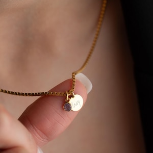 Può includere: Una collana dorata con una catena delicata e due ciondoli. Uno è un piccolo ciondolo rotondo con il nome "Lucy" inciso. L'altro è una piccola gemma rotonda e viola. La collana è tenuta da una persona.