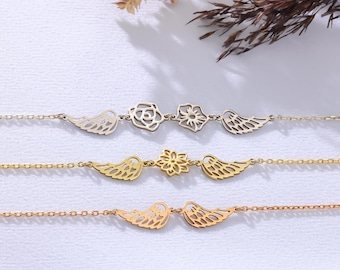 Custom Angel Wings Bracelet with Birth Flower Dainty Gold Charm Sterling Silver