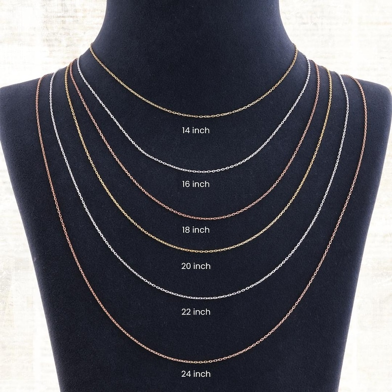 Puede incluir: Exhibici&oacute;n de seis delicadas cadenas de collar en acabados met&aacute;licos variados, incluyendo oro, plata y oro rosa. Cada cadena tiene una longitud entre 35,5 cm y 61 cm, con las longitudes etiquetadas en texto blanco.