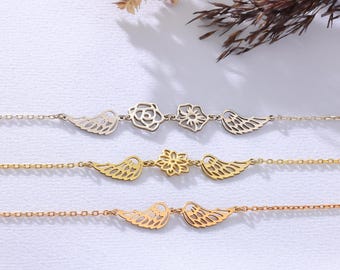 Angel Wings Bracelet for Women Birth Flower Bracelet for Her Dainty Gold Birthflower Charm Bracelet Sterling Silver Guardian Angel Bracelet