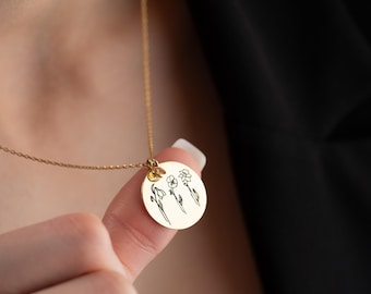 Multiple Birth Flower Necklace with Birthstone Custom Birth Month Flower Necklace for Her Dainty Birthflower Disc Necklace for Grandma Gift