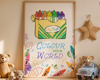 Arte imprimible con crayones retro divertidos, arte de pared para habitación infantil, decoración divertida para sala de juegos, póster de crayones coloridos, descarga digital de arte infantil