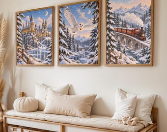 Winter Castle Wall Art Set of 3, Snowy Owl and Train Prints, Magical Winter Landscape Gallery Wall, Printable Digital Download