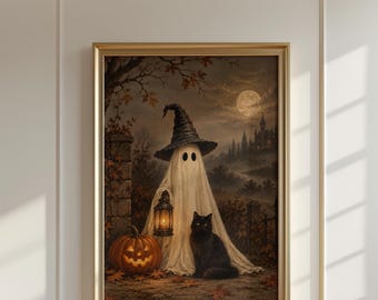Spooky Ghost Halloween Wall Art, Black Cat Witch Print, Vintage Haunted Castle Poster, Moody Autumn Decor, Gothic Fall, Digital Download