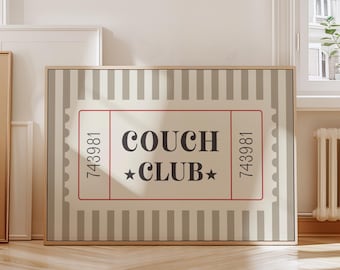 Couch Club Ticket Print, Neutral Living Room Wall Art, Funny Sofa Decor,  Retro Poster, Cozy Home Digital Download