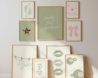 Sage Green Retro Girly Wall Art Set of 10, Leopard Print Maximalist Gallery Wall, Dorm Apartment Decor, Digital Download