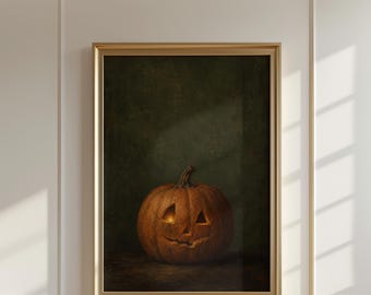 Vintage Halloween Wall Art, Jack O Lantern Print, Moody Pumpkin Painting, Dark Academia Fall Decor, Spooky Autumn Print, Digital Download
