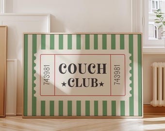 Couch Club Wall Art Print, Retro Living Room Decor, Green Striped Poster, Vintage Ticket Wall Art, Apartment Decor Digital Download