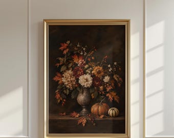 Vintage Fall Floral Print, Dark Autumn Floral Wall Art, Moody Botanical Fall Decor, Thanksgiving Printable Wall Art, Digital Download