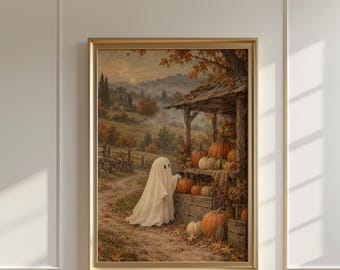 Ghost at the Pumpkin Stand Print, Vintage Halloween Wall Art, Autumn Cottagecore Painting, Printable Fall Decor