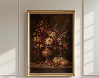Vintage Fall Floral Print with Pumpkins, Moody Autumn Flower Print, Thanksgiving Printable Wall Art, Digital Download