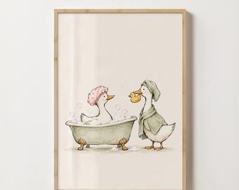 Two Geese Bath Print, Whimsical Bathroom Wall Art, Duck Bath Illustration, Kids Bathroom Decor, Digital Download