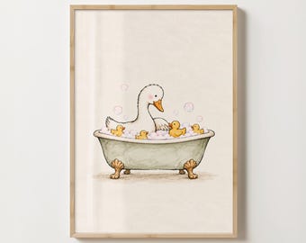 Goose in Bubble Bath Printable Wall Art, Rubber Duck Bathroom Art, Cute Kids Bathroom Decor, Whimsical Nursery Print, Digital Download