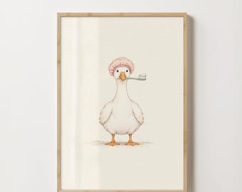 Goose with Toothbrush Printable Wall Art, Cute Kids Bathroom Decor, Pink Shower Cap Goose Print, Digital Download