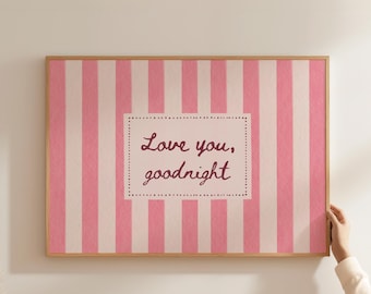 Te amo, buenas noches. Lámina decorativa horizontal para la cama. Arte de pared retro a rayas. Quédate en la cama. Póster de dormitorio con tipografía manuscrita. Descarga digital.