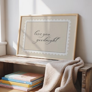 Love You Goodnight Print, Romantic Bedroom Wall Art, Vintage Stamp Poster, Minimal Script Typography, Neutral Aesthetic Decor, Digital Art