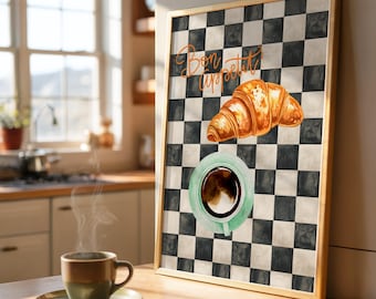 Kaffee und Croissant Druck, Kaffeetasse Illustration, Poster Illustration, Illustration Kunstdruck, Retro Küche Wandkunst, Illustration, Digitaler Download