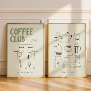 Sage Green Retro Coffee Print Set, Vintage Kitchen Wall Art, Cafe Bar Decor Printable Posters Coffee Bar Aesthetic Wall Art Digital Download