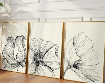 Neutral Floral Art Print Set of 3, Minimalist Beige Black Line Art, Modern Botanical Wall Art, Neutral Home Decor, Digital Download