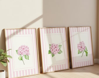 Pink Hydrangea Wall Art Set of 3, Preppy Floral Prints, Pink Striped Decor, Cottagecore Botanical Art, Girly Room Digital Download