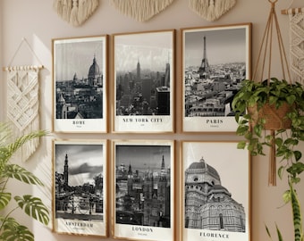 Cityscape Wall Art Prints Set of 6, Black and White Travel Wall Art, Modern City Posters, Minimal Urban Decor, Digital Download