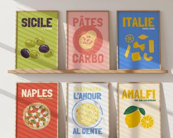 Set di 6 stampe da parete per cucina italiana, stampe di olive e limoni, set di poster di cibo mediterraneo, decorazioni per cucina toscana, arte murale digitale