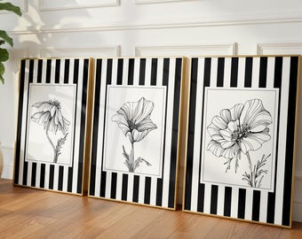 Black White Striped Floral Wall Art Set of 3, Minimalist Flower Prints, Modern Botanical Gallery Wall, DIGITAL DOWNLOAD