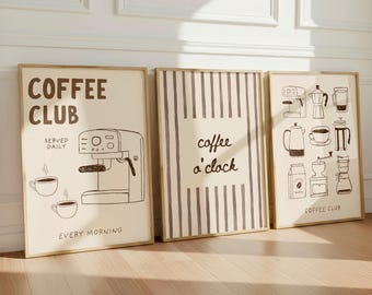 Coffee Wall Art Set of 3 DIGITAL DOWNLOAD, Neutral Kitchen Prints, Coffee Club Poster, Minimal Coffee Bar Decor Printable Art