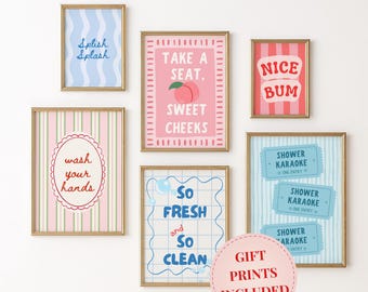 Fun Bathroom Print Set, Retro Colorful Gallery Wall Art Set of 6, Trendy Modern Digital Download, Retro Bathroom Print Set, Funny Bathroom
