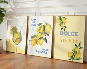 Italian Kitchen Wall Art Set of 3, Lemon Limoncello Prints, Summer Yellow Kitchen Decor, Trendy Italian Summer Art, Digital Download
