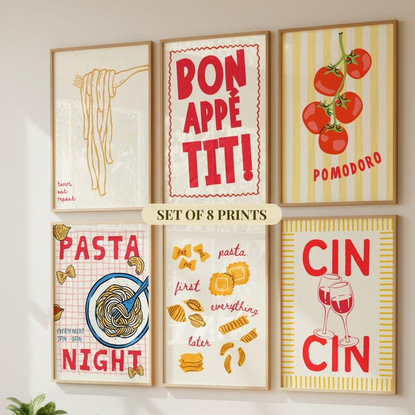 Kitchen Wall Art Print Set of 8, Food Digital Prints, Italian Food Lover Decor, Retro Pasta Aesthetic Poster, Trendy Gallery Wall