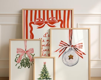 Preppy Christmas Wall Art Set of 4, Coquette Red Bow Christmas Prints, Red Stripe Holiday Gallery Wall, Mistletoe Printable Digital Download
