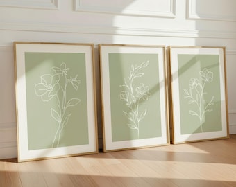 Sage Green Botanical Wall Art Set of 3, Minimalist Plant Prints, Nature Wall Decor, Digital Download
