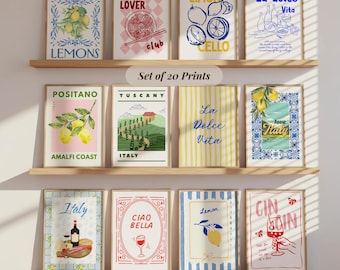Italian Kitchen Wall Art Set of 20, La Dolce Vita Food Prints, Retro Mediterranean Decor, Vintage Italian Illustrations, Digital Download