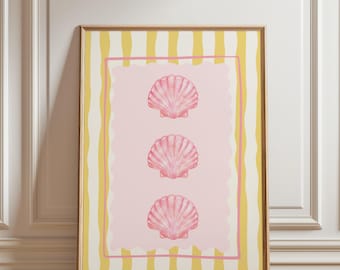 Różowa muszla, akwarelowa dekoracja ścienna z motywem nadmorskim, pastelowe żółte paski, plakat z domkiem na plaży, estetyka preppy, pobieranie cyfrowe
