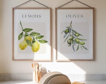 Watercolor Lemon and Olive Poster Set, Mediterranean Kitchen Wall Art, Rustic Fruit Prints, Italian Farmhouse Decor, Digital Download