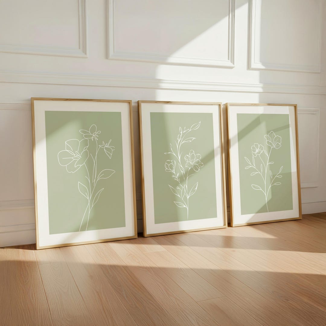 Sage Green Botanical Wall Art Set of 3, Minimalist Plant Prints, Nature ...